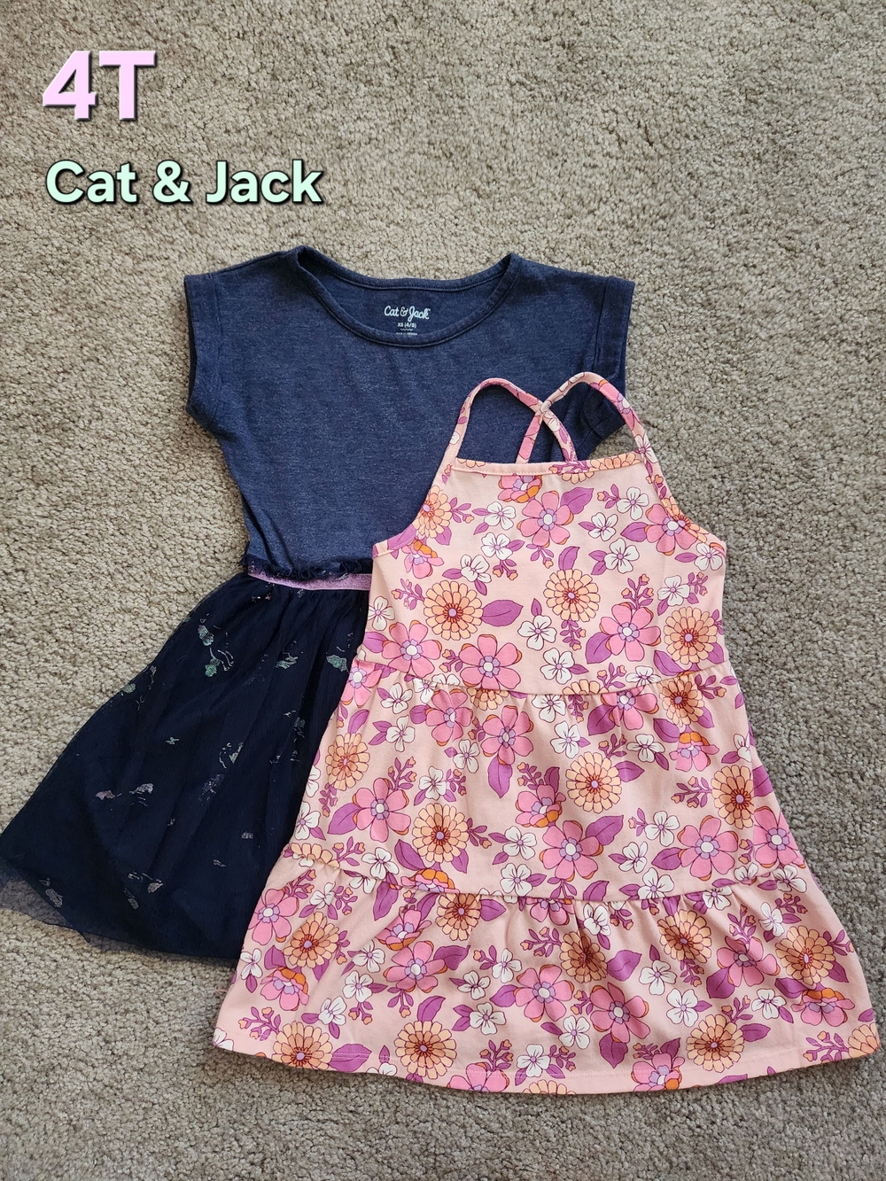 Cat & Jack Set of Dresses - Pink Floral Sundress & Navy Blue Tulle Skirted Dress
